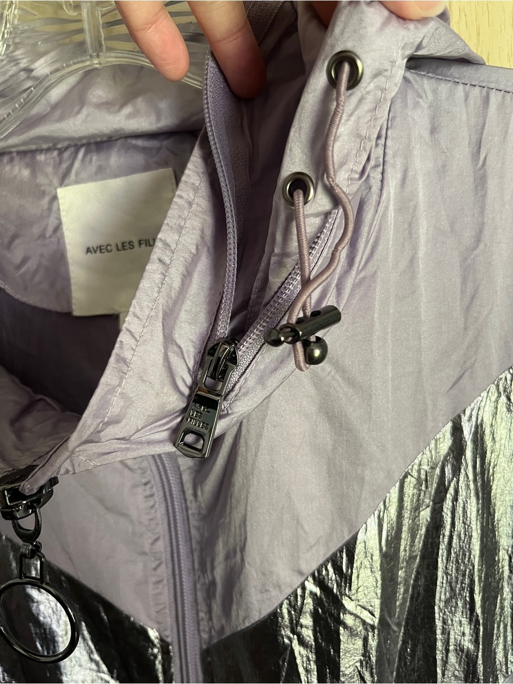 Avec Les Filles Anthropologie Windbreaker Jacket Lavender Silver w/ Hood Size L - Picture 6 of 11
